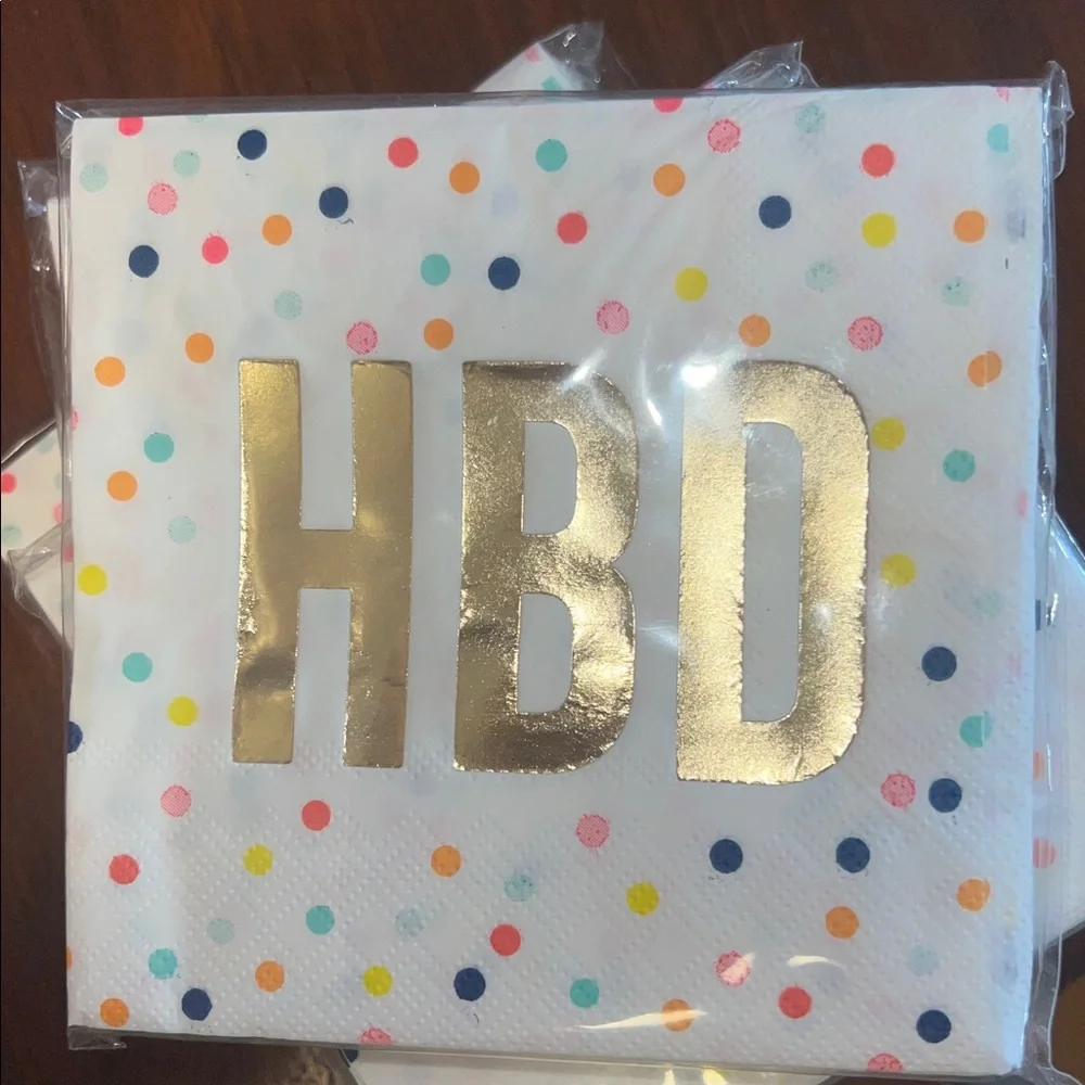Slant “HBD” multicolor polka cocktail napkin/gold lettering-4 packs=80 total-NWT